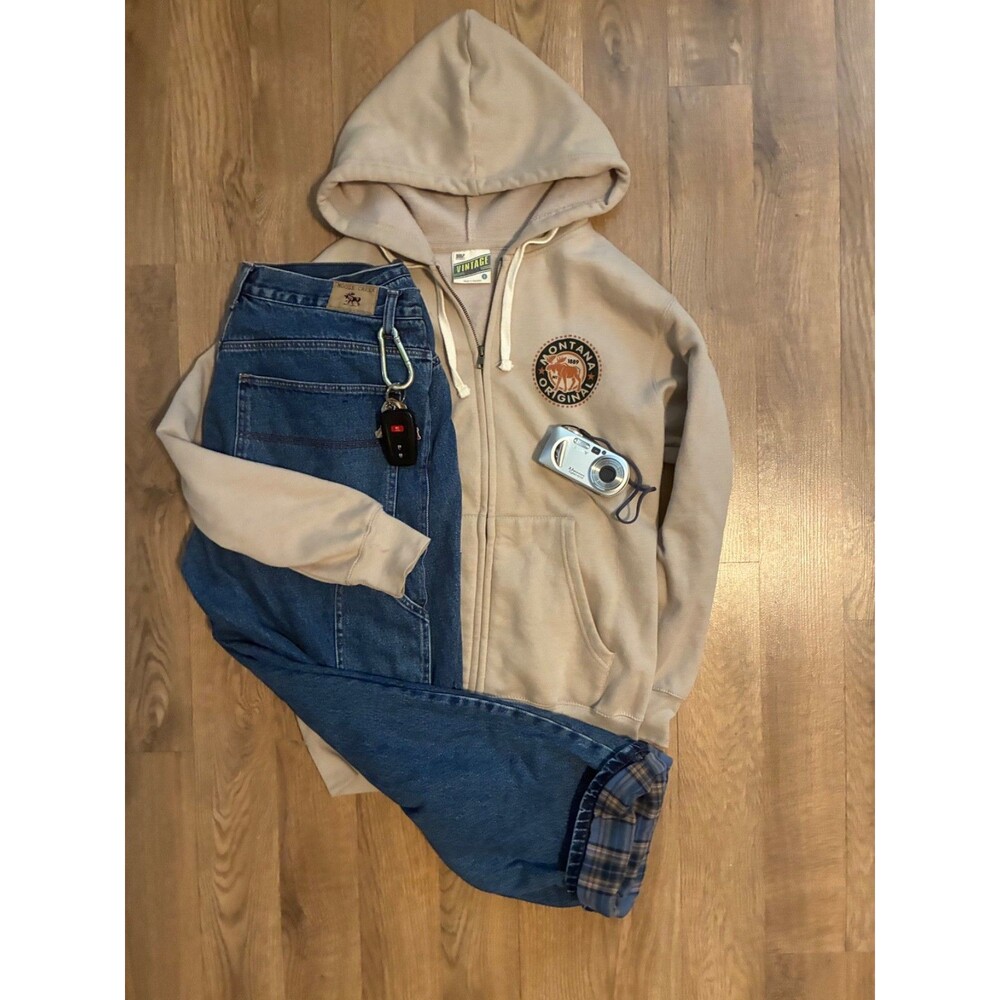MV Sport Vintage Fleece Hoodie Mens Small Tan Montana Original Moose Zip Up